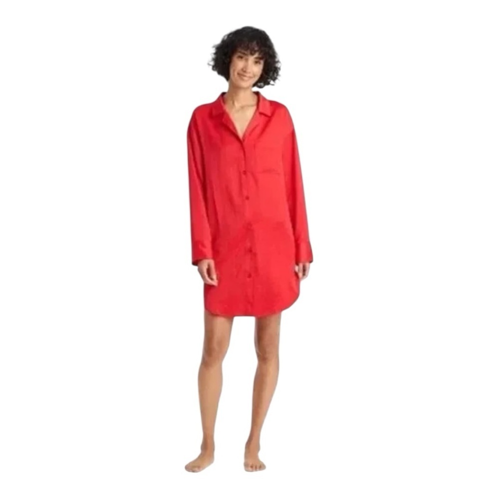NWT Auden Satin Notch Collar Night Gown- Red Size L - Picture 3 of 6
